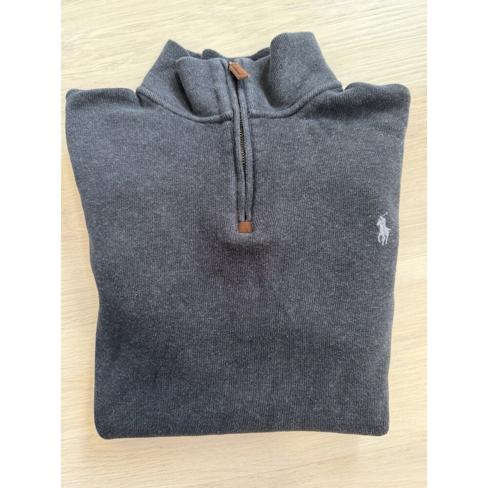 Polo Ralph Lauren Men L 100% Cotton Knit 1/4 Zip Mock Neck Sweater Gray Preppy